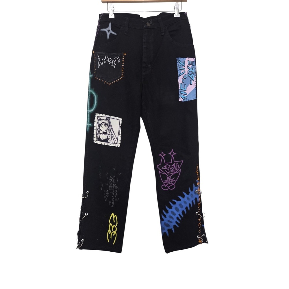 Custom Hand Painted Anime Punk Black Jeans Sailor Moon Streetwear Women's‎ W30